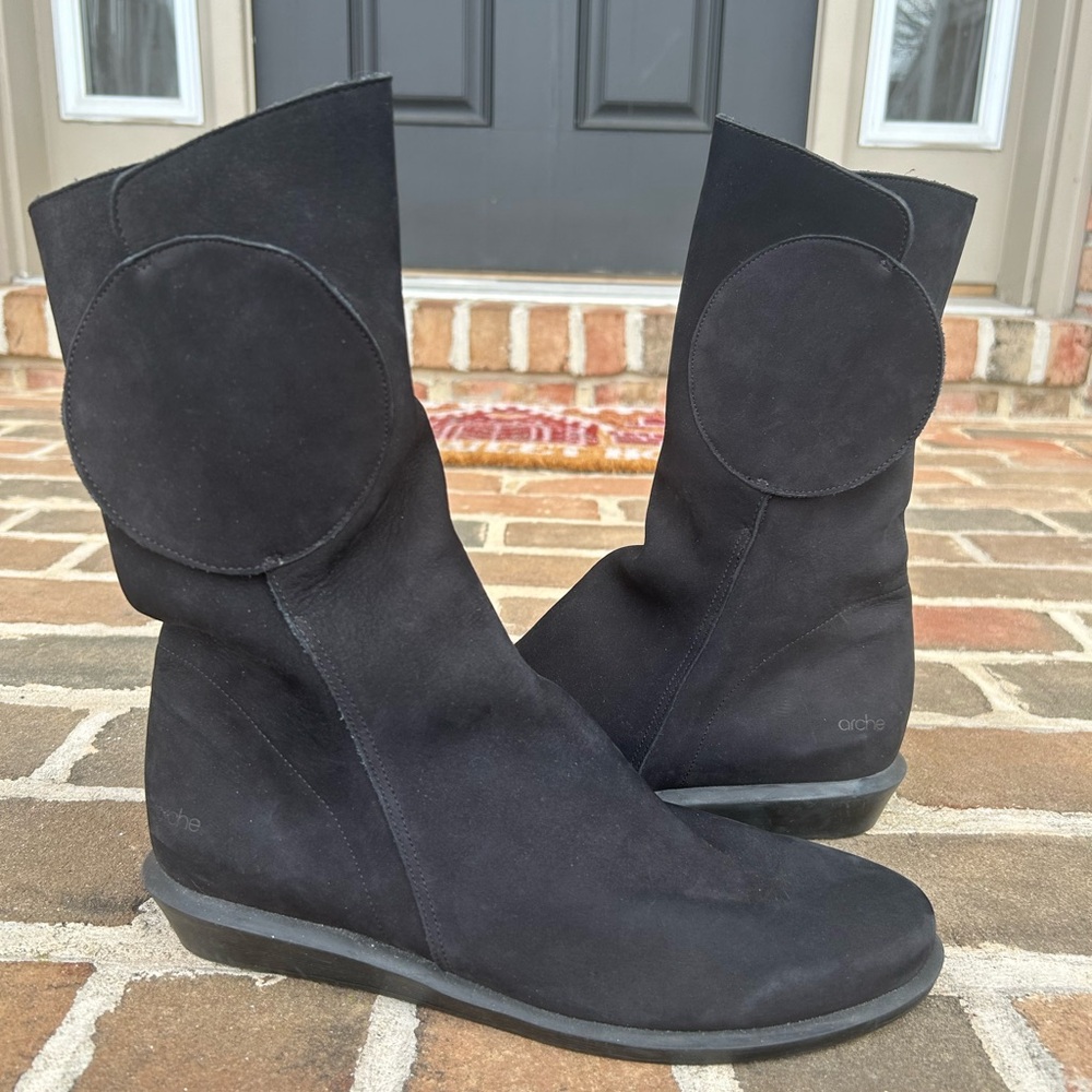 Arche Luxe Black Nubuck Leather Slouch Boots Patch Detail 41 10